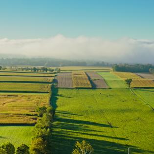 Aerial shot of rural scenery on a hazy morning in Fall.
