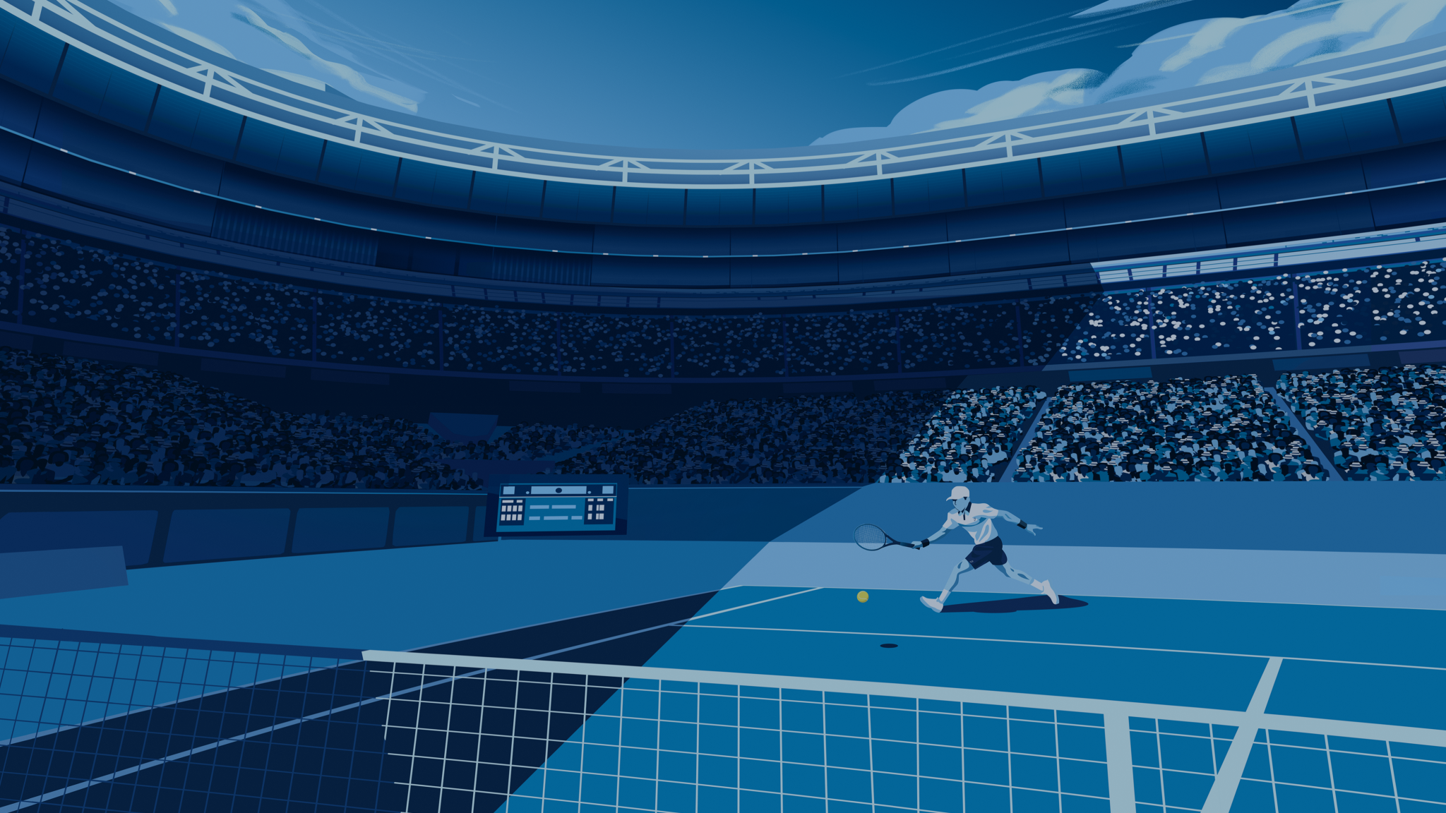 Illustration of a blue tennis stadium