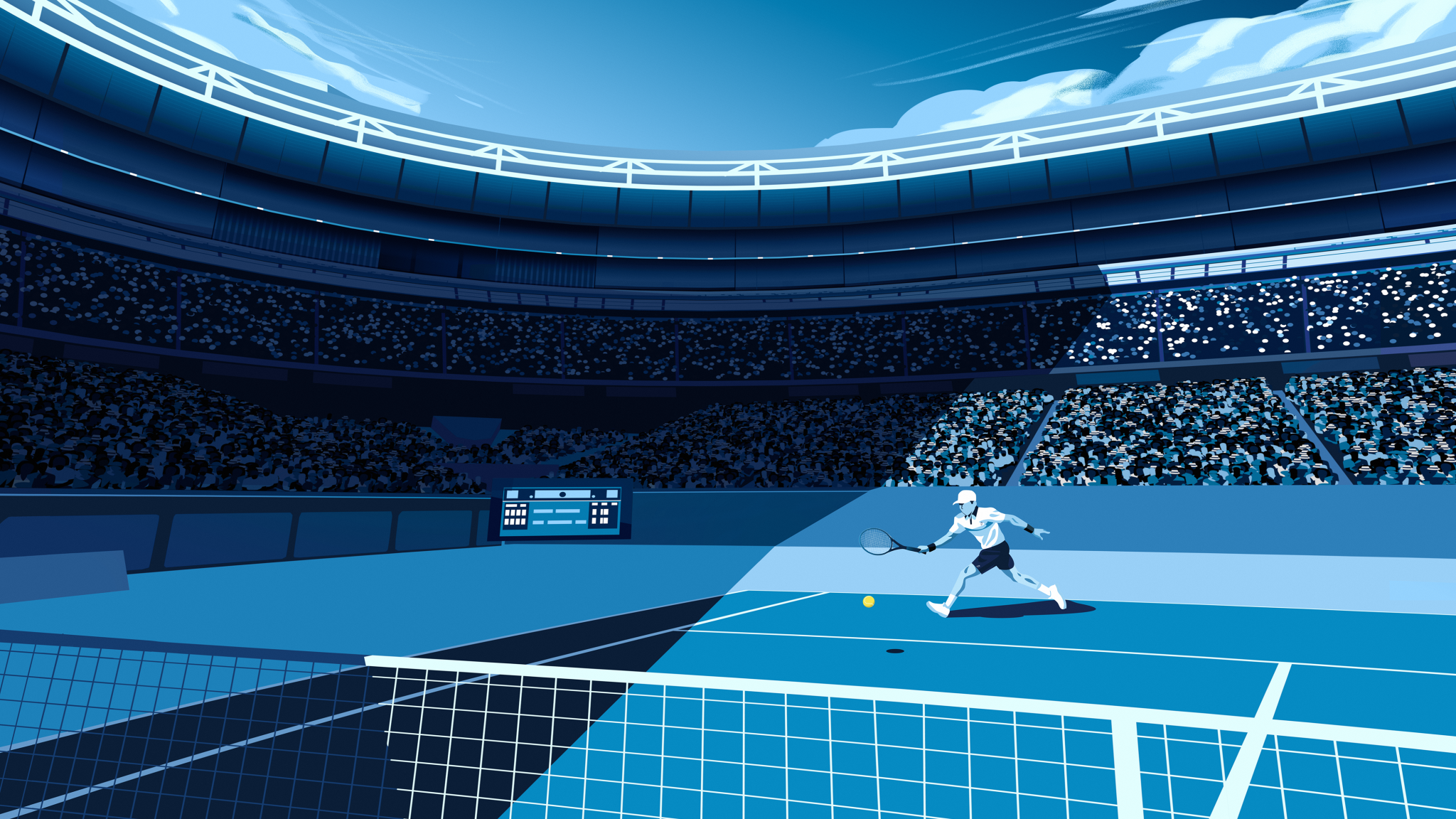 Illustration of a blue tennis stadium